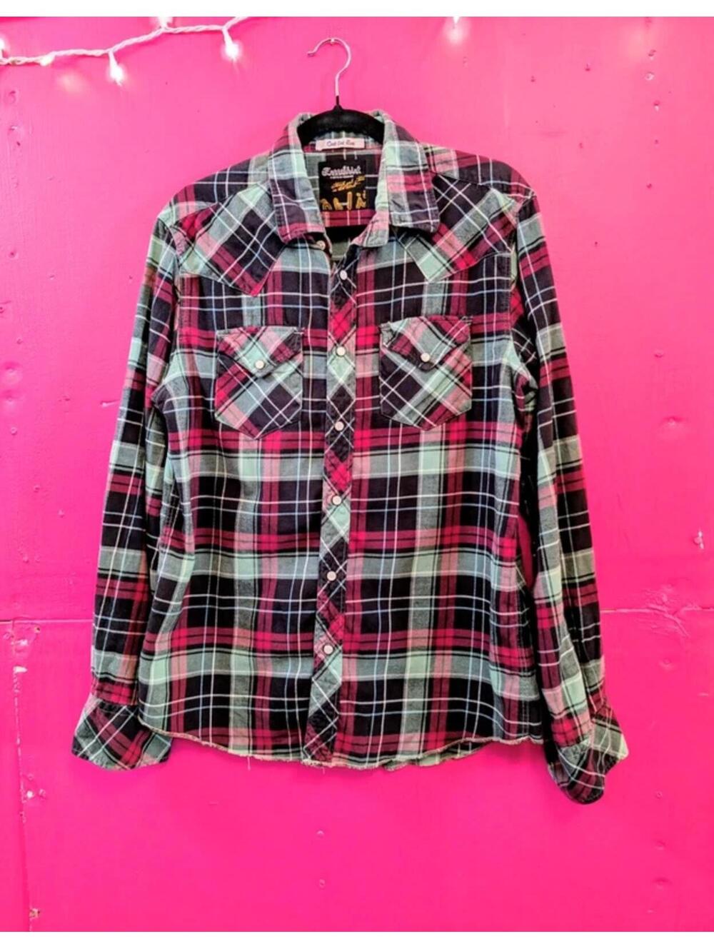 Green Burgundy Plaid Cotton Flannel Pearl Button Snap Weatern Shirt M